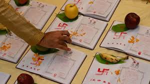 A Chopda Pujan ceremony in progress